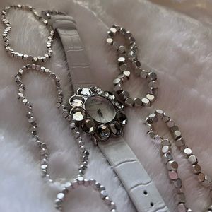 vintage betsey johnson white leather classic crystal watch